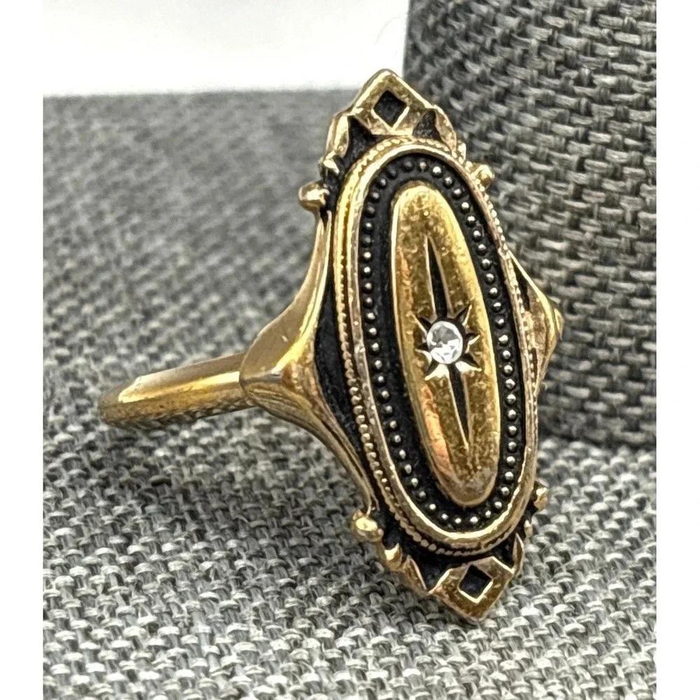 VTG Avon Kensington Art Deco Style Black Enamel Crystal Star Ring Gold Tone Sz 7